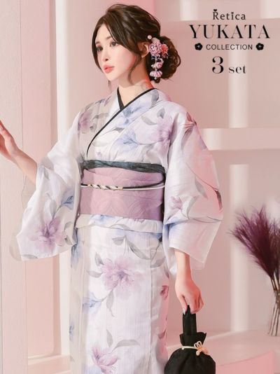 [SALE] 白地に２色の水彩フラワー 大人の3点セットレディース浴衣(浴衣+平帯or作り帯+下駄)