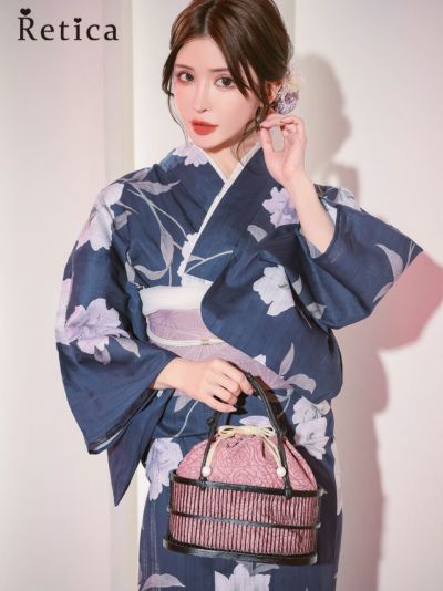 紺地に水彩百合 大人の3点セットレディース浴衣(浴衣+平帯or作り帯+下駄)