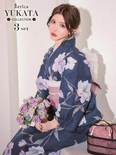 [SALE] 紺地に水彩百合 大人の3点セットレディース浴衣(浴衣+平帯or作り帯+下駄)