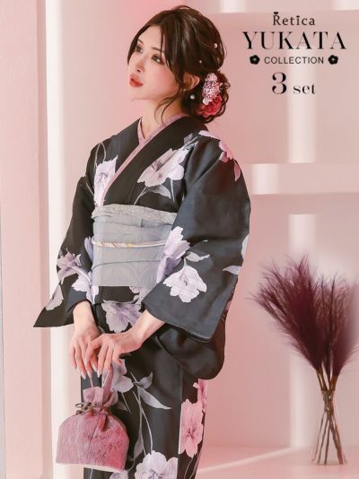 [SALE] 黒地に水彩百合 大人の3点セットレディース浴衣(浴衣+平帯or作り帯+下駄)