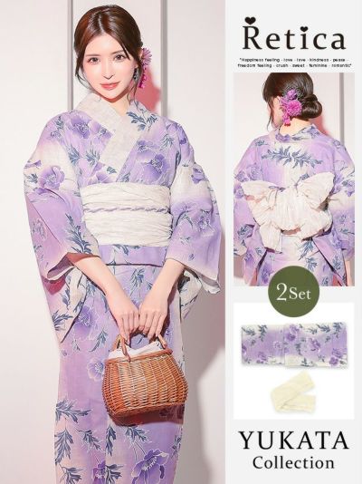 綿麻グラデーションにポピー柄 大人の2点セットレディース浴衣(浴衣+兵児帯)