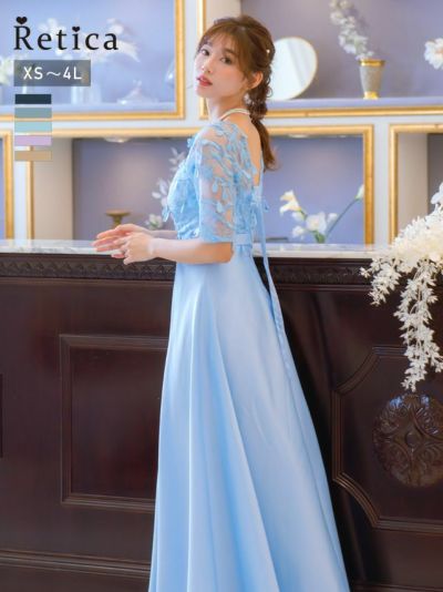 [SALE] Vネック立体刺繍レース袖ありロング丈パーティードレス (XSサイズ～4Lサイズ)