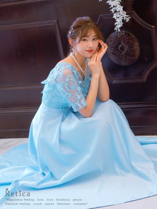 SALE] Vネック立体刺繍レース袖ありロング丈パーティードレス (XS