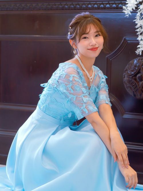 SALE] Vネック立体刺繍レース袖ありロング丈パーティードレス (XS