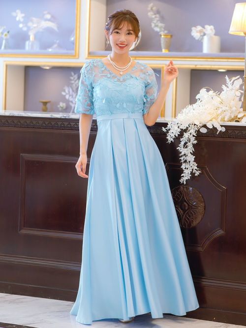 SALE] Vネック立体刺繍レース袖ありロング丈パーティードレス (XS