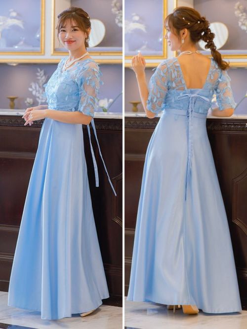 Vネック立体刺繍レース袖ありロング丈パーティードレス (XS