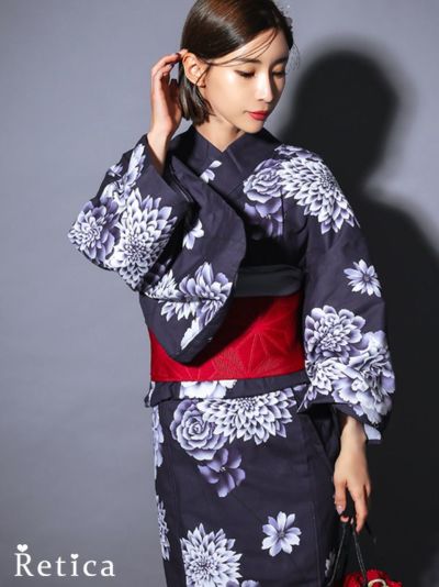 濃紺地に大柄菊牡丹 大人の3点セットレディース浴衣(浴衣+平帯or作り帯+下駄)