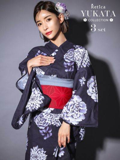 [SALE] 濃紺地に大柄菊牡丹 大人の3点セットレディース浴衣(浴衣+平帯or作り帯+下駄)