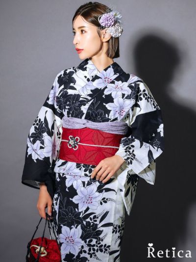 モノトーン×萩百合 大人の3点セットレディース浴衣(浴衣+平帯or作り帯+下駄)