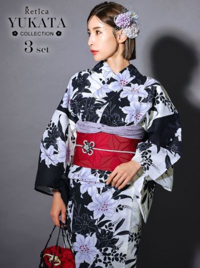 [SALE] モノトーン×萩百合 大人の3点セットレディース浴衣(浴衣+平帯or作り帯+下駄)