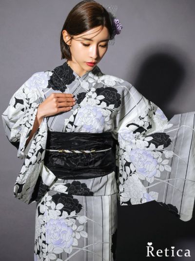 変わり細縞×モノトーンローズ 大人の3点セットレディース浴衣(浴衣+兵児帯+下駄)