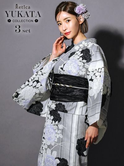 [SALE] 変わり細縞×モノトーンローズ 大人の3点セットレディース浴衣(浴衣+兵児帯+下駄)