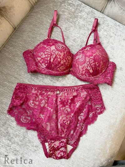 クロスデザインフラワーレースビジューブラジャー&ショーツセット(マゼンタピンク)(A～F/65～80)