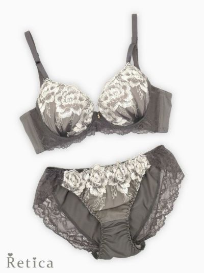 フラワーレースブラジャー&ショーツセット★(グレー)(A70~D75)