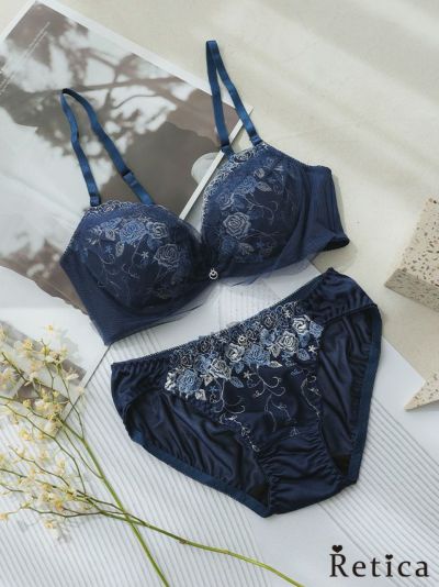 ビジューチャーム付きレイヤード刺繍脇高ブラジャー&ショーツセット★(ネイビー)(A～F/65～75)