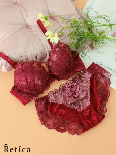 大人フラワー刺繍レースリボンブラジャー&ショーツセット(ワインレッド)(A～D/70～75)