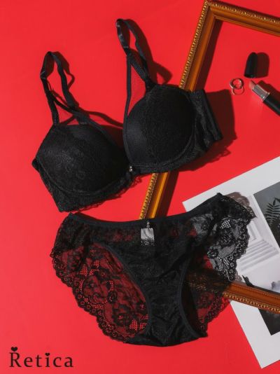 透けシアーレースレイヤードブラジャー&ショーツセット(ブラック)(A～E/70～75)