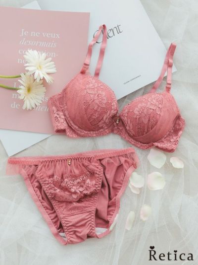 フラワーレースチュールコードデザインフリルブラジャー＆ショーツセット(サーモンピンク)(A～F/65～80)