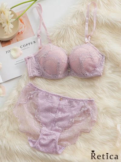 ゴールドビジュー付きスカラップレースブラジャー＆ショーツセット(ラベンダー)(A～F/65～80)