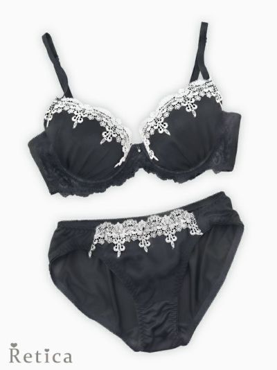 ケミカルレース脇高ブラジャー&ショーツセット(ネイビー)(A～F/70～75)