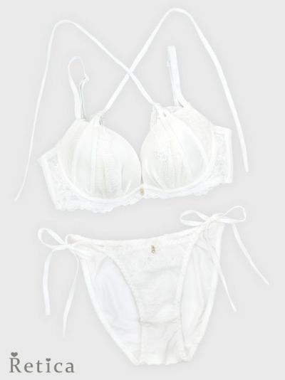 サテンレースクロスネックブラジャー＆ショーツセット(ホワイト)(A～F/65～80)
