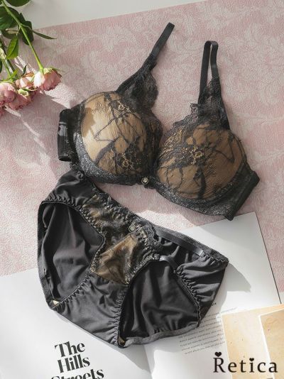 ビジュー付きスカラップレースアシンメトリーコードブラジャー＆ショーツセット(チャコール)(A～F/65～80)