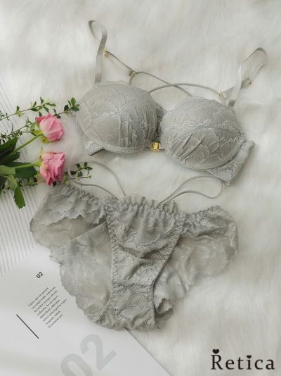 フロントホック&バッククロス花びら刺繍脇高ブラジャー&ショーツセット★(グレー)(A～F/65～80)