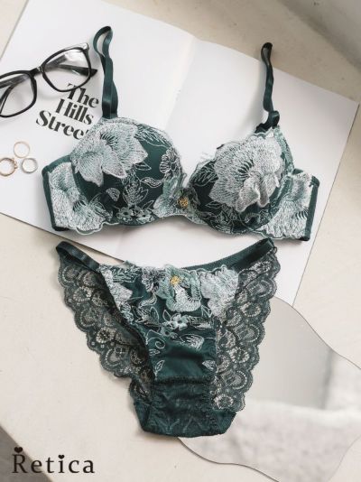 ローズ型チャーム付きエレガント花柄刺繍脇高ブラジャー&ショーツセット★(グリーン)(A～F/65～80)