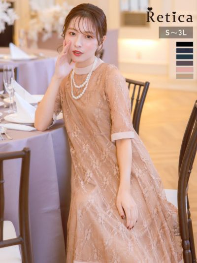 [SALE] レースレイヤードデザイン半袖ワンピースパーティードレス [パールネックレス付き] (Sサイズ～XXLサイズ)