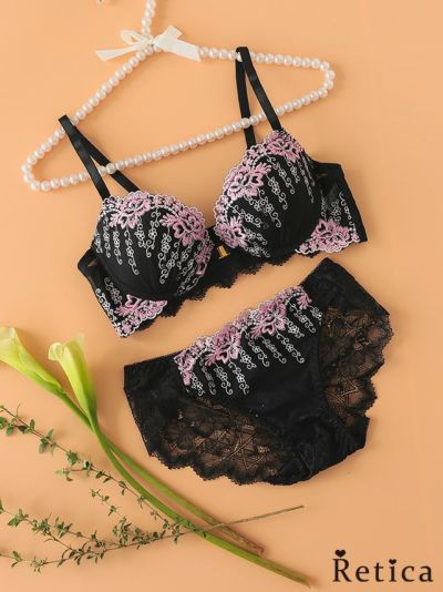ラブリーピンクフラワー刺繍フロントホックカップブラジャー&ショーツセット(ブラック)(A～F/65～80)