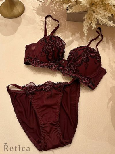 オリエンタル刺繍脇高カップブラジャー&ショーツセット(ボルドー)(A～F/70～75)