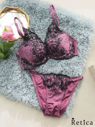 エンブロイダリーレース脇高カップブラジャー＆ショーツセット(パープル)(A～F/65～80)