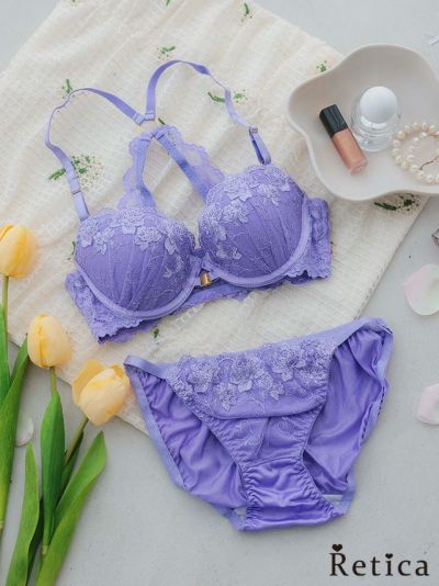 セクシーバックシャンフロントホックレースブラジャー＆ショーツセット(パープル)(A～D/65～80)