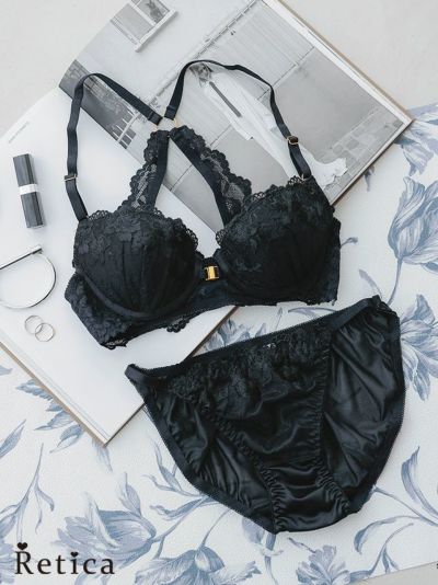 バックシャンレースフロントホックブラジャー＆ショーツセット(ブラック)(A～D/65～80)