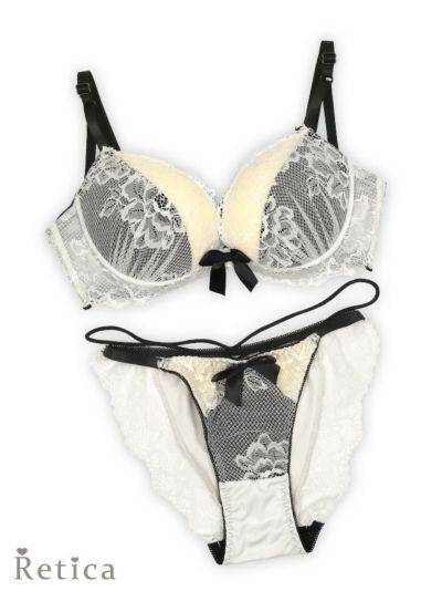 エンブロイダリーリボンモノトーンカップブラジャー＆ショーツセット(ホワイト)(A～F/65～80)