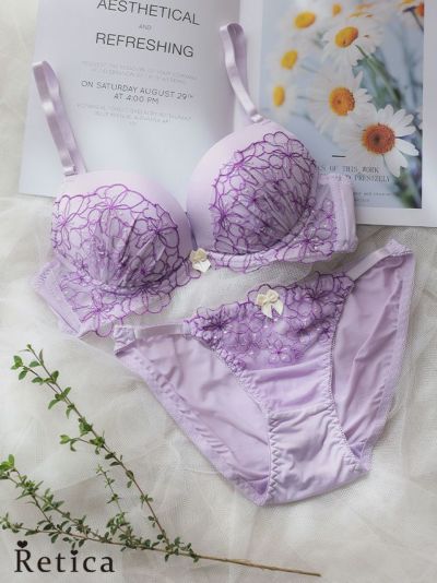 [SALE] フラワーシアーレース脇高カップブラジャー&ショーツセット★(ラベンダー)(B~F,65~80)