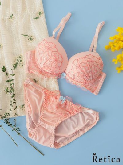 花柄チュールレース脇高カップブラジャー&ショーツセット★(オレンジ)(B~F,65~80)