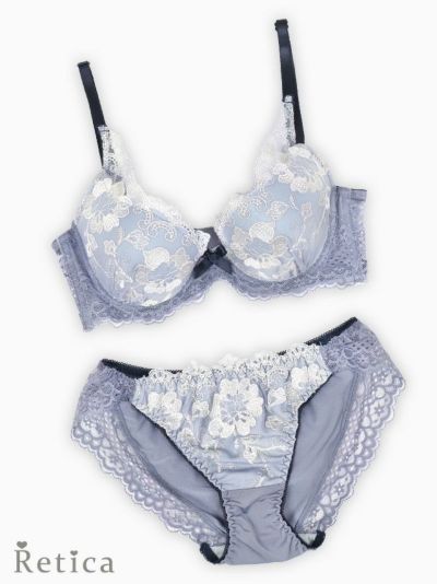 フラワーエンブロイダリーリボンカップブラジャー＆ショーツセット(ブルー)(A～D/65～80)