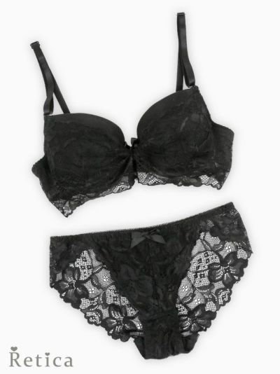 バストアップレイヤードレースカップブラジャー&ショーツセット★(ブラック)(B~H,65~90)