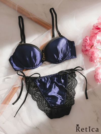 バストジップサテンカップブラジャー&ショーツセット★(ネイビー)(B~F,65~80)