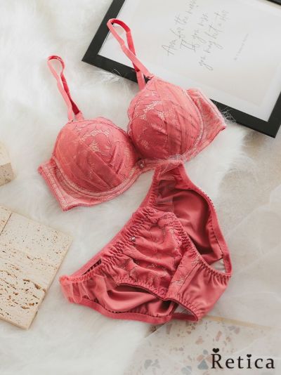スカラップレースチュール脇高カップブラジャー&ショーツセット(ピンク)(A～G/65～80)