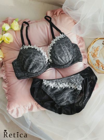レイヤードホワイトフラワーレース刺繍脇高カップブラジャー&ショーツセット★(ブラック)(B~F,65~80)