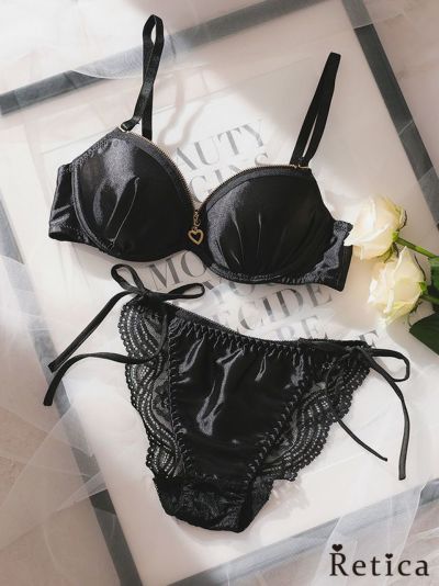 ハートジップデザインサテンカップブラジャー&ショーツセット★(ブラック)(B~F,65~80)