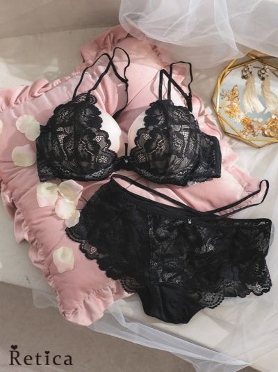 ヌーディーブラックフラワーレースコードデザインカップブラジャー&ショーツセット★(ブラック)(B~F,65~80)