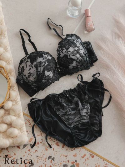 シアーチュールフラワー刺繍カップブラジャー&ショーツセット(グレー)(A～G/65～80)