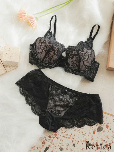 [SALE] ヌーディーゴージャスブラックレースカップブラジャー&ショーツセット★(ブラック)(B~F,65~80)