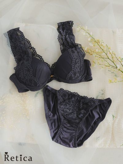 ストラップレースフロントホック脇高カップブラジャー&ショーツセット(チャコールグレー)(A~F,65~80)