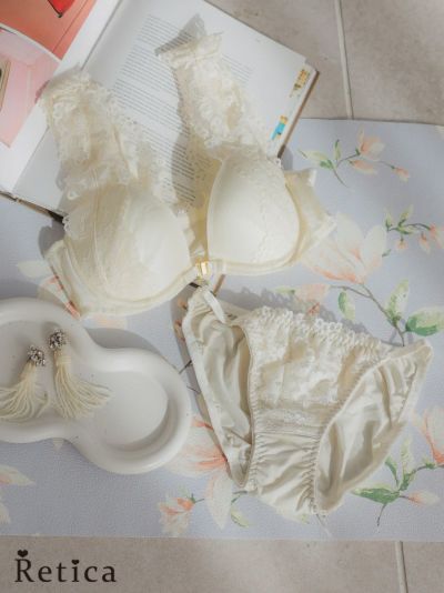 幅広レースフロントホック脇高カップブラジャー&ショーツセット(アイボリー)(A~F,65~80)