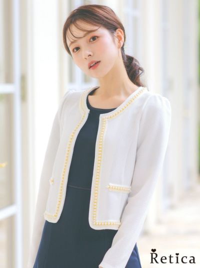 ワッフル素材パール×ノーカラー長袖ジャケット (Mサイズ)