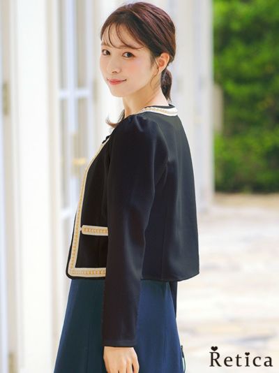 ワッフル素材パール×ノーカラー長袖ジャケット (Mサイズ)